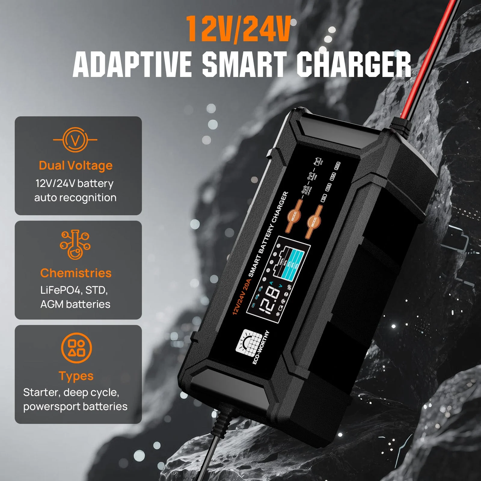 20A 12V/24V Smart Battery Charger with LCD Display for Most Batteries - Image 3