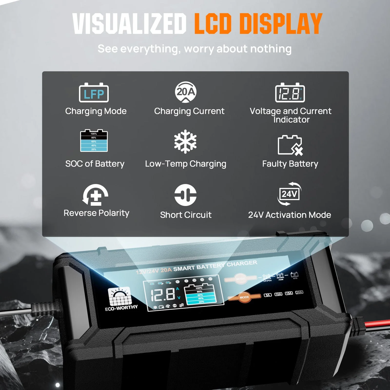 20A 12V/24V Smart Battery Charger with LCD Display for Most Batteries - Image 7