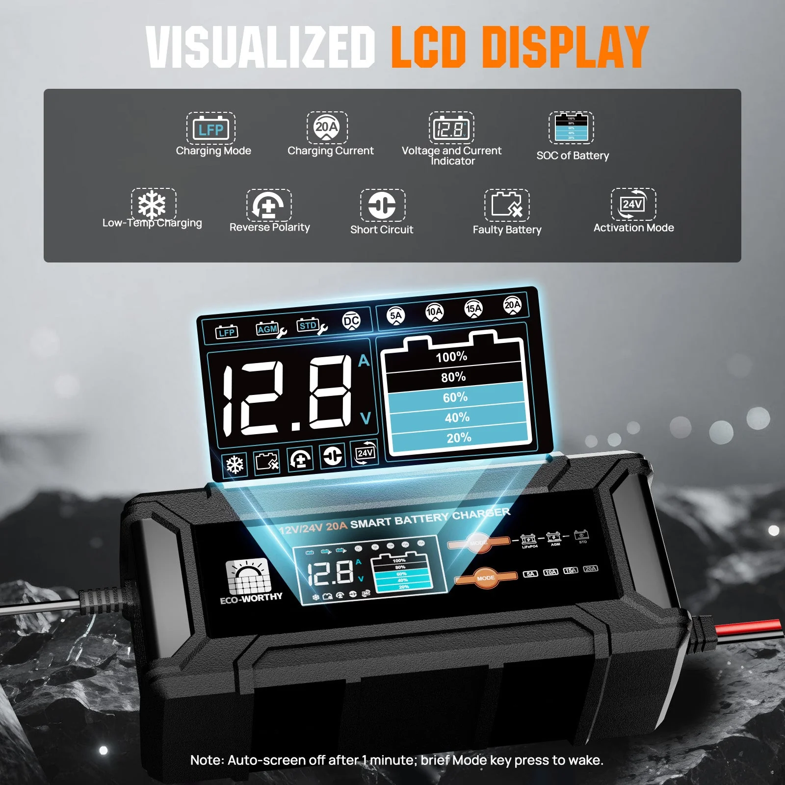 20A 12V/24V Smart Battery Charger with LCD Display for Most Batteries - Image 8