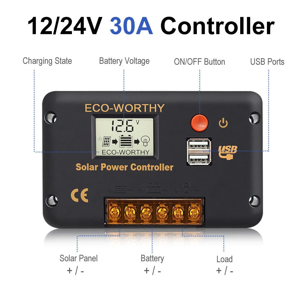 30A PWM LCD Display Solar Charge Controller Regulator with USB Port 12V/24V Autoswitch - Image 11