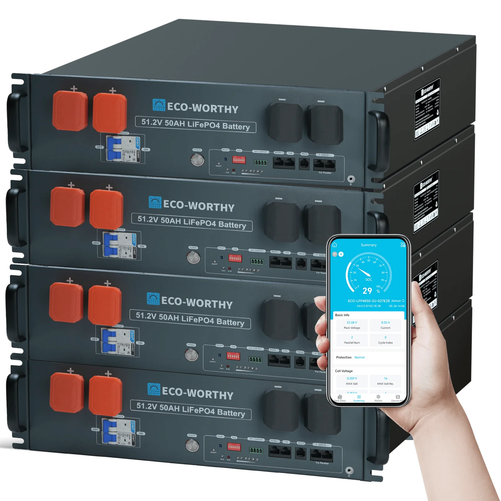 ECO-WORTHY 48V(51.2V) 50Ah Server Rack Battery,2.56kWh Lithium Battery,3U Size,With Bluetooth & Wifi - Image 9